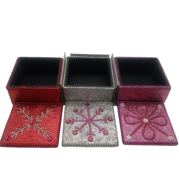 Set Of 3 Pier 1 Imports Jeweled Beaded Holiday Gift Ring Boxes Red Silver Pink - Picture 6 of 13